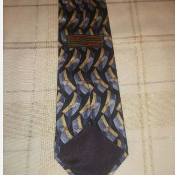Villa Bugatti Men Tie Silk Necktie Navy Gold Blue Ornate Geometric Arch Curves - Picture 6 of 8